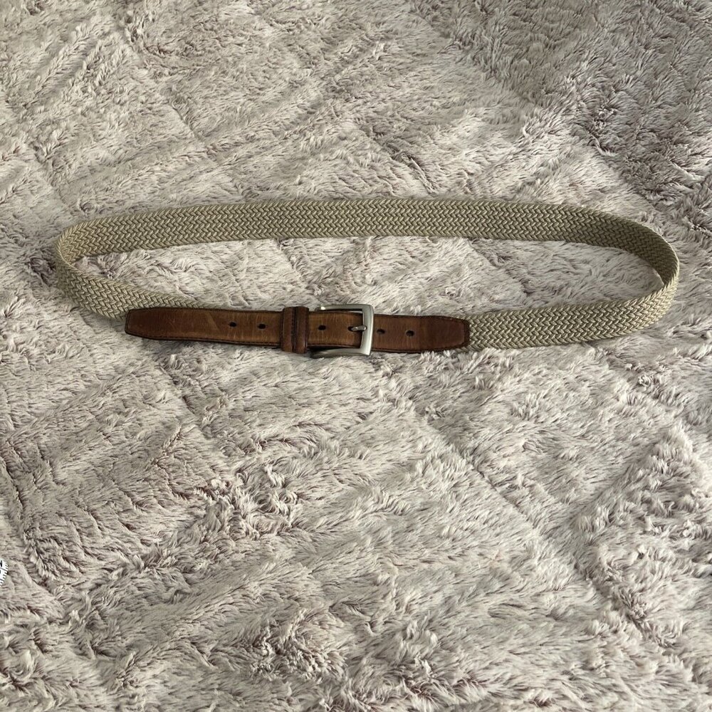 PGA Golf Tour Belt‎ Mens Size 44 Brown Genuine Leather Silver Buckle Tan Nylon